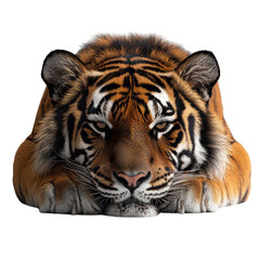 Fototapeta premium tiger lying down looking at the camera isolated on transparent background