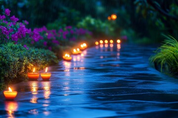 Fototapeta premium Serene Night Garden Path - Candles illuminate a wet stone path winding through a lush garden at night. Tranquil and peaceful atmosphere.