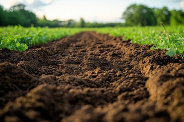 Close-up view of rich soil conditions in a cultivated field during late afternoon light