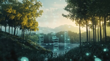 Representation of financial stability amidst nature with glowing data symbols and serene landscape at dawn