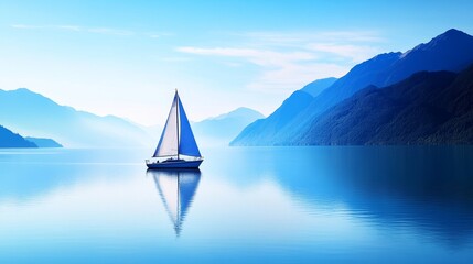 Serene Sailboat on Tranquil Lake - Peaceful sailboat on calm water, surrounded by majestic mountains. Symbolizing tranquility, freedom, adventure, escape, and serenity.