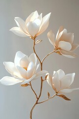 Elegant Minimalism Studio Photography of Handcrafted White Magnolia Blossoms on Golden Wire