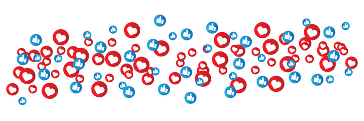 Like thumbs up and love heart icons falling on transparent background. Abstract social media symbols. Reaction counter notification icons. Social media elements. Like love emoji reactions