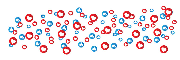 Like thumbs up and love heart icons falling on transparent background. Abstract social media symbols. Reaction counter notification icons. Social media elements. Like love emoji reactions