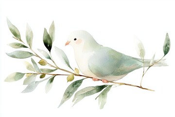 Soft Gray Dove With Olive Branch In Watercolor Style Illustration