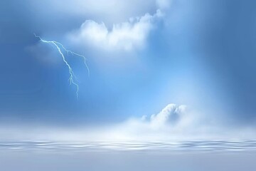Serene Storm Sky and Calm Water - A single lightning bolt cuts across a tranquil blue sky, mirroring the calmness of the still water below.  Symbolizing power, serenity, contrast, mystery, and hope.