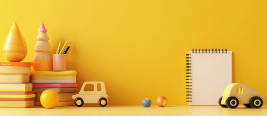 Blank spiral sketchbook positioned atop colorful learning tools for preschoolers.