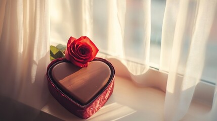 A charming Valentine's setup by the window, showcasing a heart-shaped chocolate box with a red rose on top, softly lit by natural daylight filtering through sheer curtains