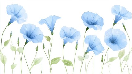 Obraz premium Vibrant Blue Morning Glory Flowers on a White Background with Green Leaves