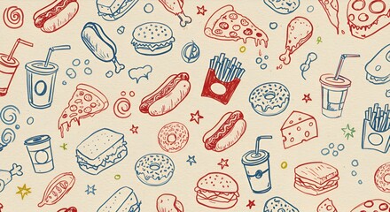 "Whimsical Fast Food Doodles: Colorful Hand-Drawn Icons on Notebook Paper Background"