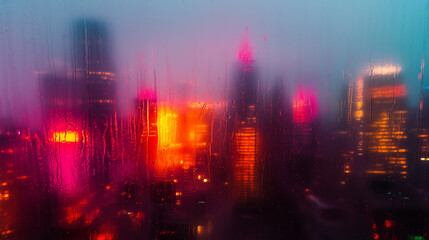 Fototapeta premium Distorted city skyline view through fog and rain with vibrant lights at dusk