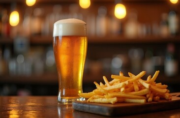 Tall glass of golden beer with frothy foam served alongside crispy French fries on a wooden board, set on a bar counter with warm ambient lighting