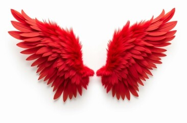 Vibrant red angel wings symmetrically displayed on a white background, showcasing detailed feathers and dramatic contrast