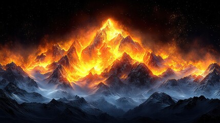 Flaming mountain range, night sky, fantasy art, game background
