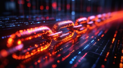 Glowing digital chain link representing blockchain technology in a futuristic data environment
