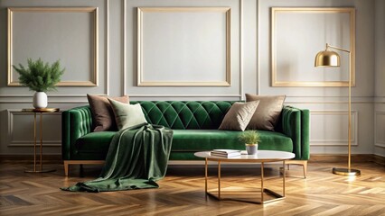 Elegant Green Velvet Sofa in a Luxurious Living Room Setting