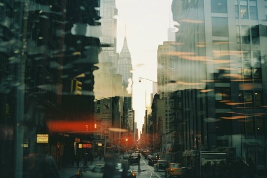 Traffic and buildings reflecting on a glass window during sunset in new york city with the empire state building in the background - Powered by Adobe