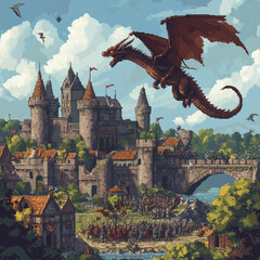 A pixelated dragon flying over a medieval castle
