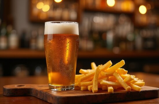 Pint of golden beer with frothy foam served alongside crispy French fries on a wooden board in a cozy bar setting with warm lighting