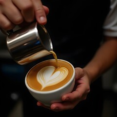 Barista Creating Perfect Latte Art, Professional Coffee Photography, Barista Pouring a Heart into Cappuccino, Close-Up of a Heart-Shaped Latte Art.