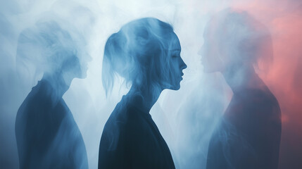 Person surrounded by translucent overlapping forms in a moody atmosphere of soft colors and subtle light