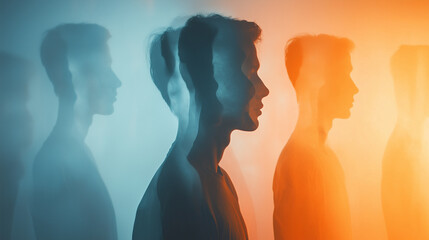 Fototapeta premium Individual surrounded by translucent overlapping silhouettes in a creative exploration of light and form during a studio session