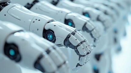Futuristic robotic hands lined up, showcasing advanced technology and design in a modern setting
