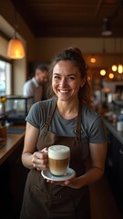 Smiling Barista Serving a Fresh Cup of Coffee in a Cozy Café,  Warm Café Atmosphere.