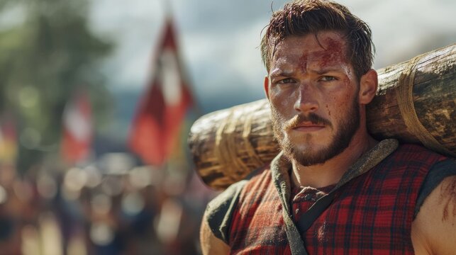 strong man carrying a heavy log at the english regional games - Powered by Adobe