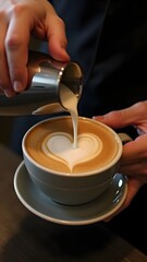 Barista Creating Perfect Latte Art, Professional Coffee Photography, Barista Pouring a Heart into Cappuccino, Close-Up of a Heart-Shaped Latte Art.