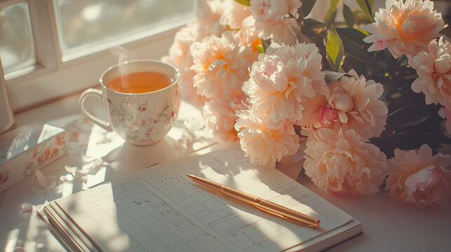 A peaceful morning scene with a cup of tea, a notebook, a pen, and a bouquet of pale pink peonies bathed in sunlight.