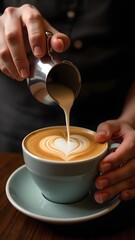 Barista Creating Perfect Latte Art, Professional Coffee Photography, Barista Pouring a Heart into Cappuccino, Close-Up of a Heart-Shaped Latte Art.