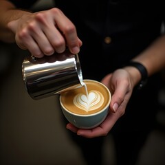 Barista Creating Perfect Latte Art, Professional Coffee Photography, Barista Pouring a Heart into Cappuccino, Close-Up of a Heart-Shaped Latte Art.