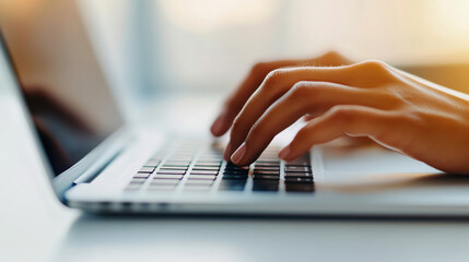 Hands doing tasks, Close-up of hands typing on a laptop keyboard, highlighting focused work or study in a bright environment.