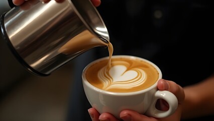 Barista Creating Perfect Latte Art, Professional Coffee Photography, Barista Pouring a Heart into Cappuccino, Close-Up of a Heart-Shaped Latte Art.