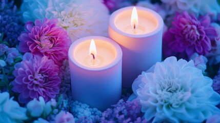 Serenity Candles and Flowers - Two lit candles surrounded by delicate purple and blue flowers. A peaceful and calming image.