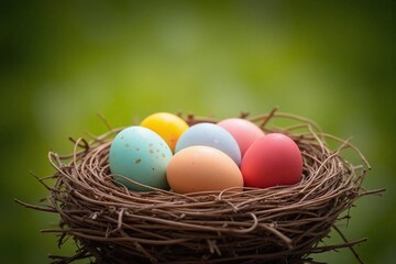 Fototapeta premium nest with six colorful eggs unique speckled patterns