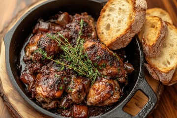 Fototapeta premium A French coq au vin served in a rustic cast - iron skillet, with fresh thyme and crusty bread on the side