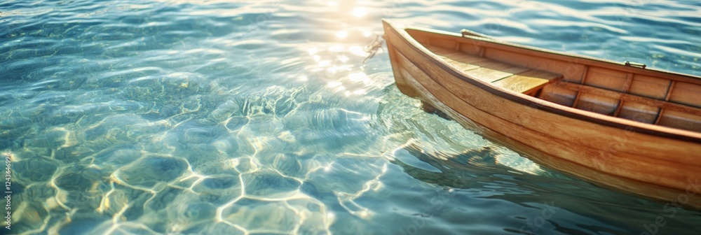 Poster small wooden boat floating on calm crystal clear turquoise water with beautiful backlight reflection