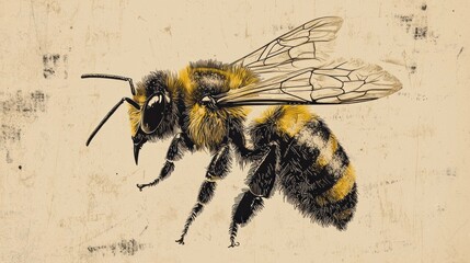 Detailed illustration of a honeybee featuring realistic textures and vibrant yellow and black colors against a muted background