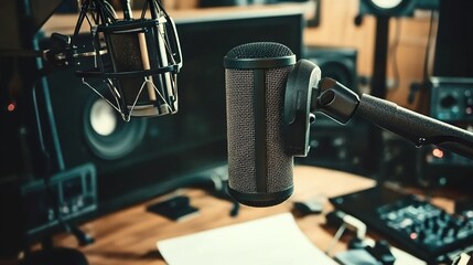 Radio station microphone in recording studio or broadcast room, working place of radio host, close up.