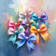 Colorful bows arranged in a creative display against a soft pastel background