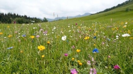 Obraz premium Wildflower meadow, mountain backdrop, summer day, nature scene, idyllic landscape