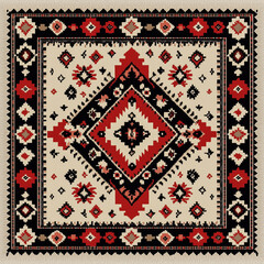 Ethnic Rug Pattern in Red and Black with Geometric Ornaments