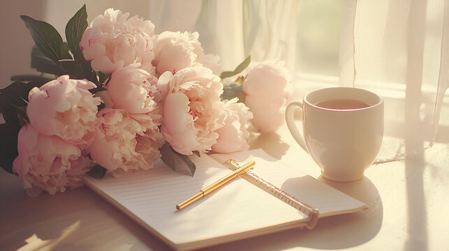 Peaceful morning: a bouquet of pale pink peonies, a cup of tea, and an open notebook await inspiration.
