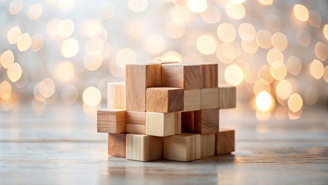 Intricate Wooden Puzzle Blocks on a Tabletop with a Festive Blurred Background
