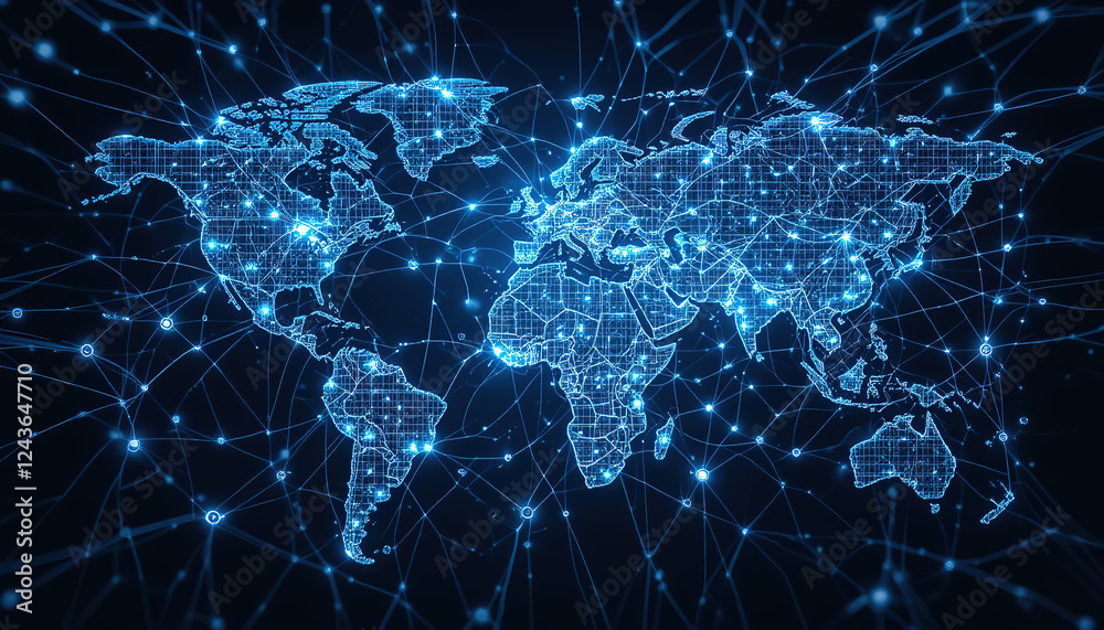 Poster stylized world map is surrounded a complex network lines and dots, representing global connectivity 