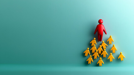 Leadership strategies for business growth elevating the red figure above yellow peers in a minimalist green environment