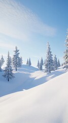 Snow covered rolling hills and pine trees create a stunning winter landscape under a serene blue sky, offering a picturesque view of nature's beauty during the cold season