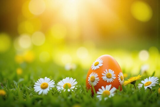 orange Easter egg with white daisies on grassy surface